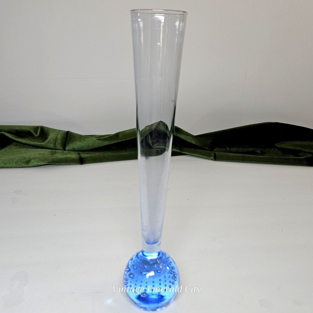 Vtg Clear Blue Fluted Bud Vase Controlled Bubbles Paperweight Bullicante Denmark